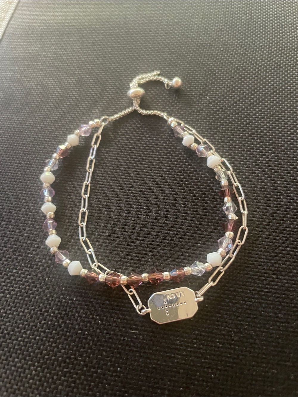 Shine Cross Crystal Double Strand
Bolo Bracelet. Silver-tone + purple beads. New
